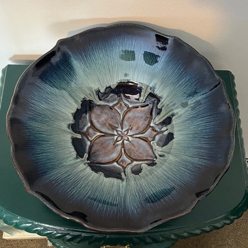 Bill Campbell Art Pottery Blue & Purple Drip Glaze Large Lotus Bowl 13''‎ Signed
